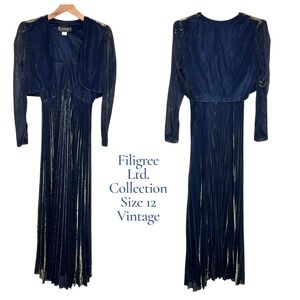 Vintage Filigree Ltd‎ Collection Blue Gold Metallic Dress Bolero Set Size 12